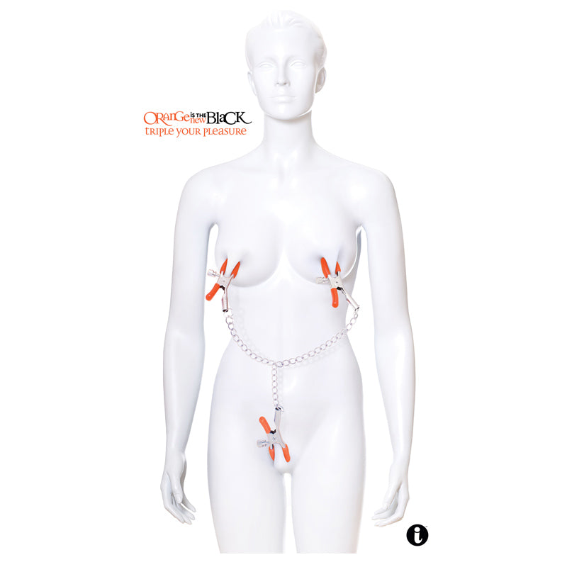 The 9s Orange Is The New Black Triple Your Pleasure Nipple Clamps And Chain