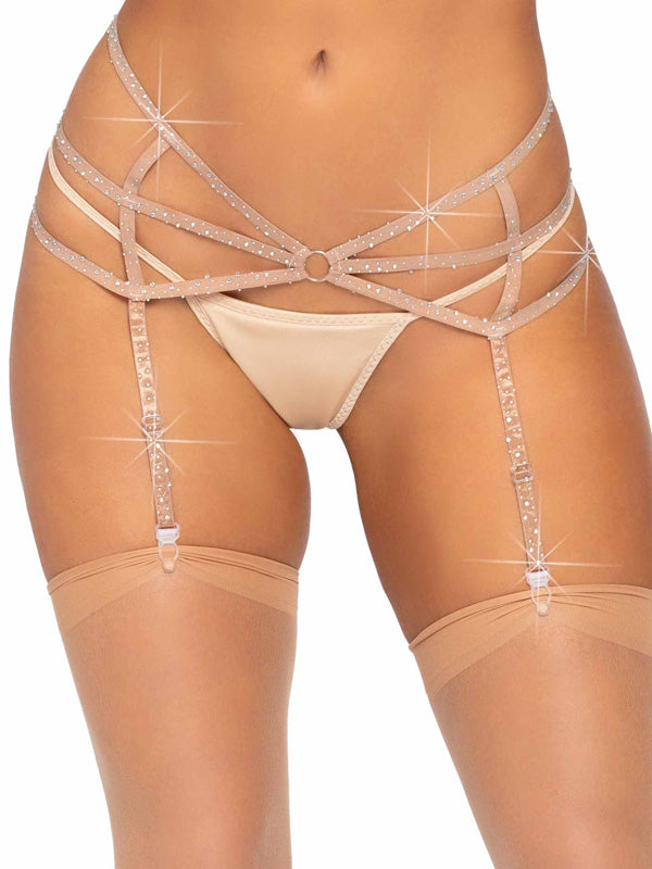 Leg Avenue - Strappy Elastic Rhinestone Garter Belt With O-Ring