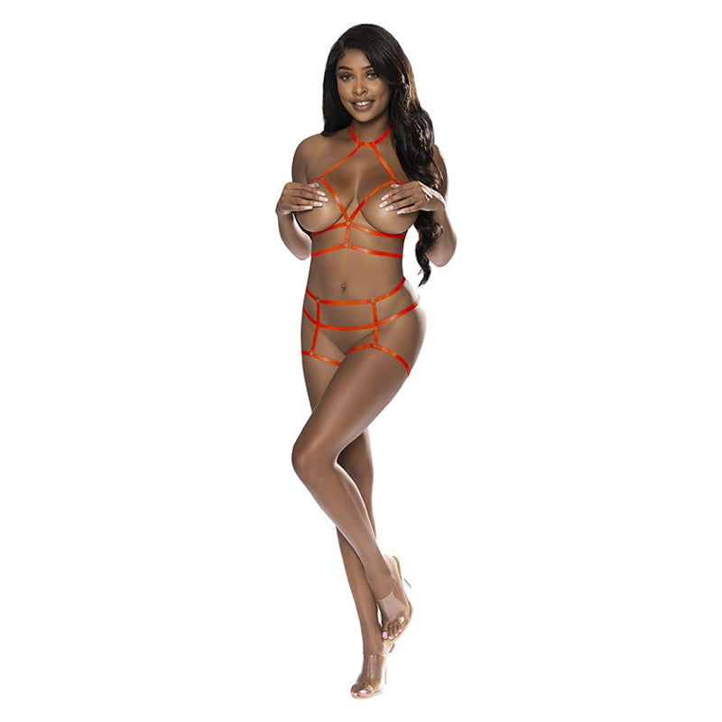 Strap Tease Cupless Choker Bra And Open Cage Short