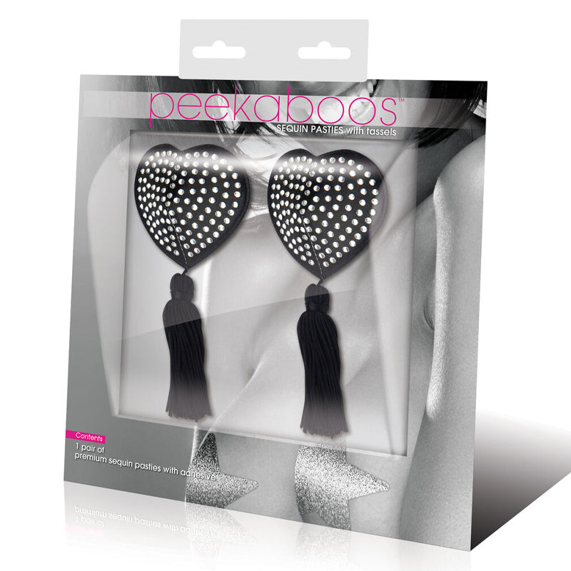 Black Satin Heart White Stone & Tassel Pasties