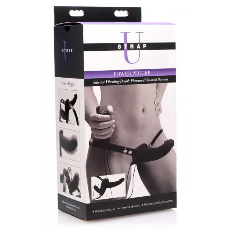 Power Pegger Black Silicone Vibrating Double Dildo with Harness