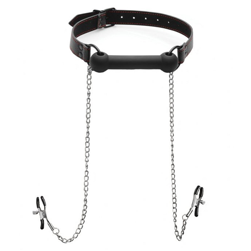 Black Silicone Bit Gag with Nipple Clamps