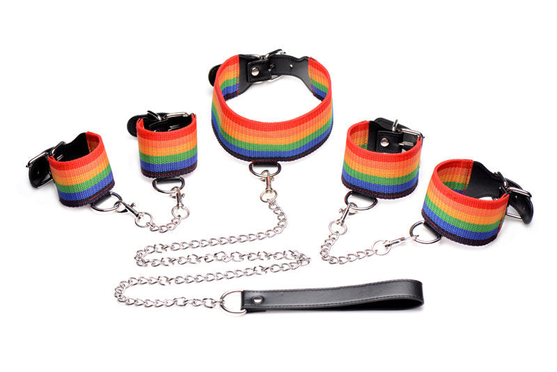 Kinky Pride Rainbow Bondage Set - Wrist & Ankle Cuffs & Collar WithLeash