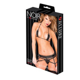 Noir Faux Leather Babe Bra, Garter & G String Set