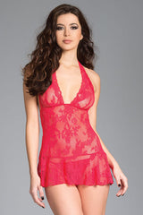 Halter Neck Floral Lace Babydoll & Thong