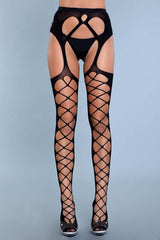 Diamond Net Opaque Stockings With Attached Garter Belt