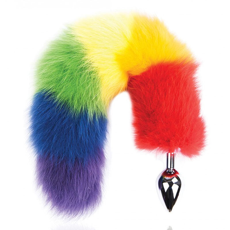 Rainbow Foxy Tail Fur Tail With Stainless Steel Butt Plug