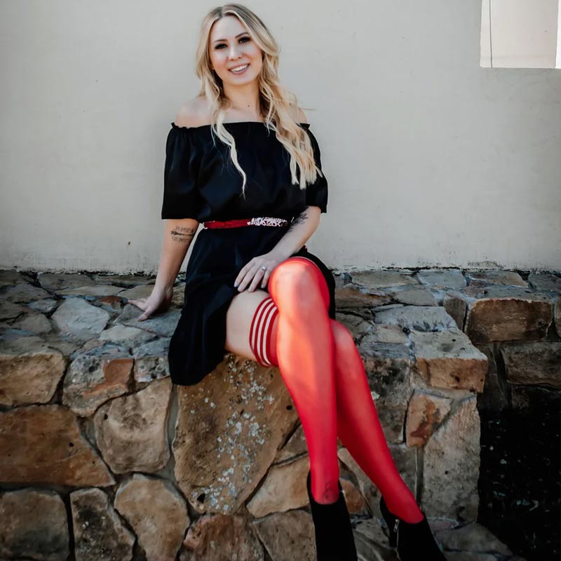 Kixies Monica Red sheer with black seam and cuban heel