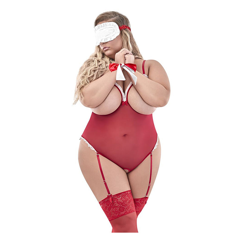 Love And Bondage Cupless And Crotchless Mesh Ruffle Garter Teddy with 2 Piece Bondage Set