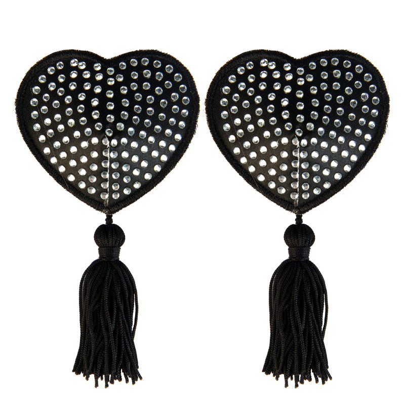 Black Satin Heart White Stone & Tassel Pasties