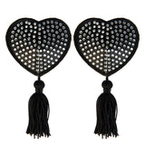 Black Satin Heart White Stone & Tassel Pasties