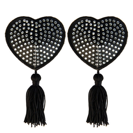 Black Satin Heart White Stone & Tassel Pasties