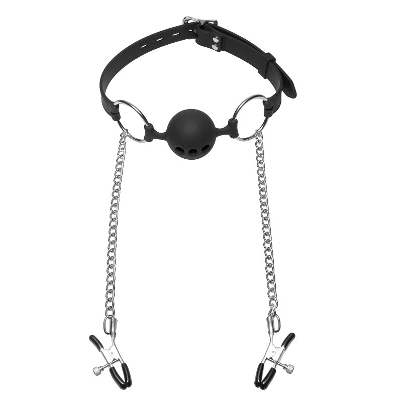 Hinder Breathable Silicone Ball Gag With Nipple Clamps