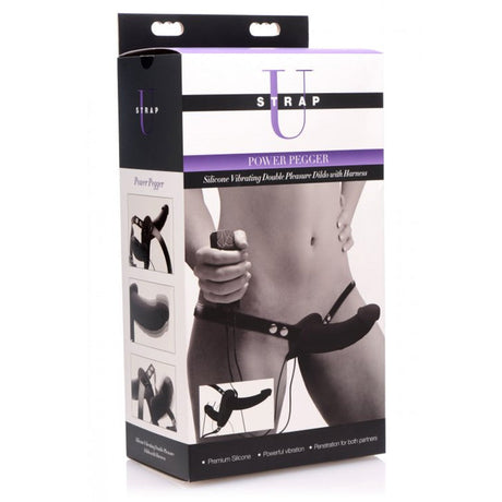 Power Pegger Black Silicone Vibrating Double Dildo with Harness