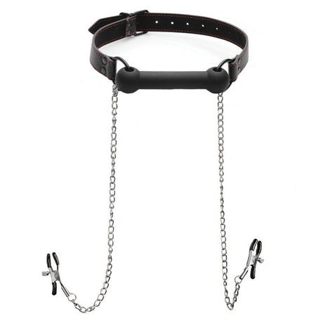 Black Silicone Bit Gag with Nipple Clamps